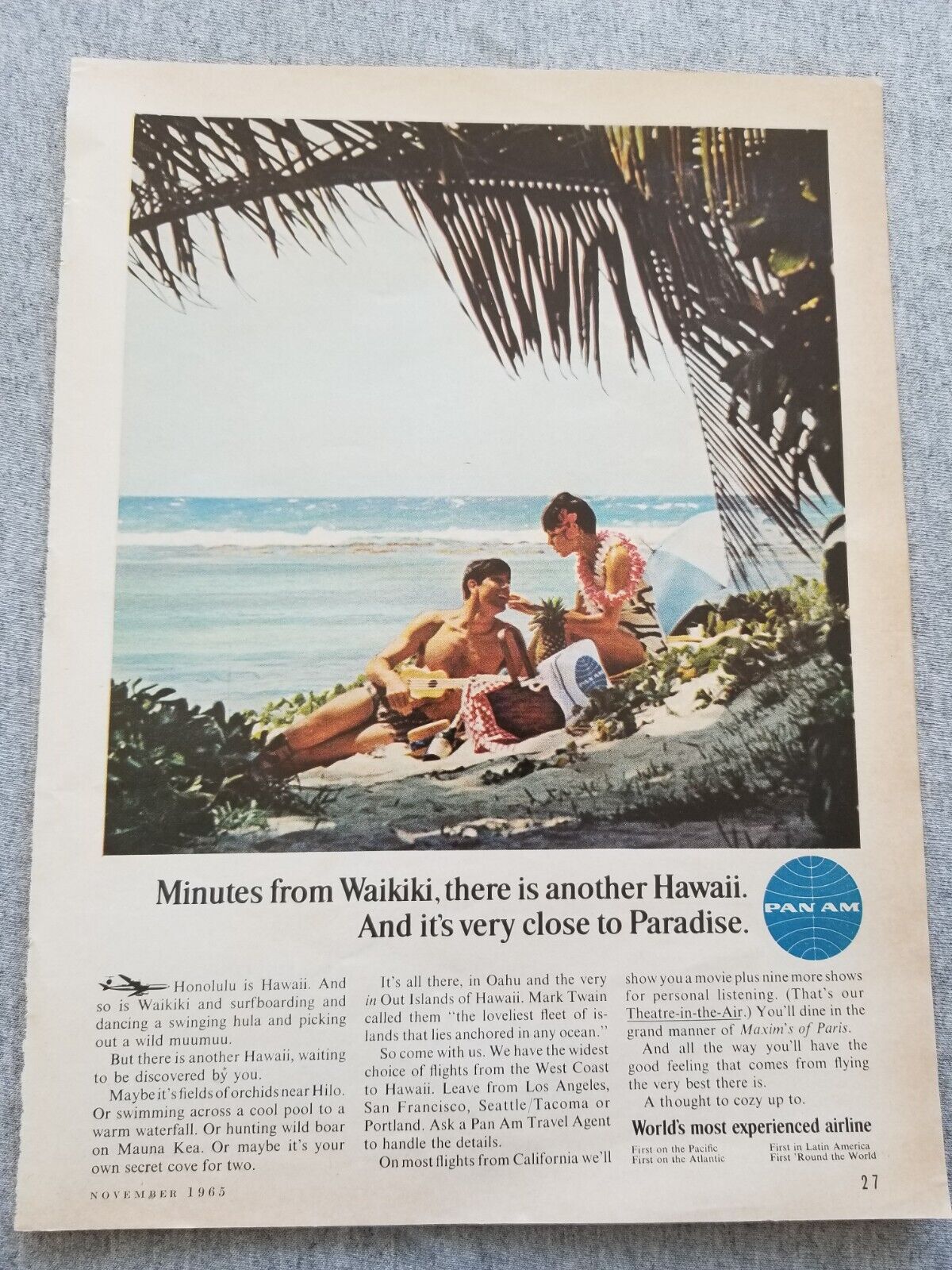 1965 Pan Am Pan American Airlines Hawaii Vtg Print Ad Couple on Waikiki Beach