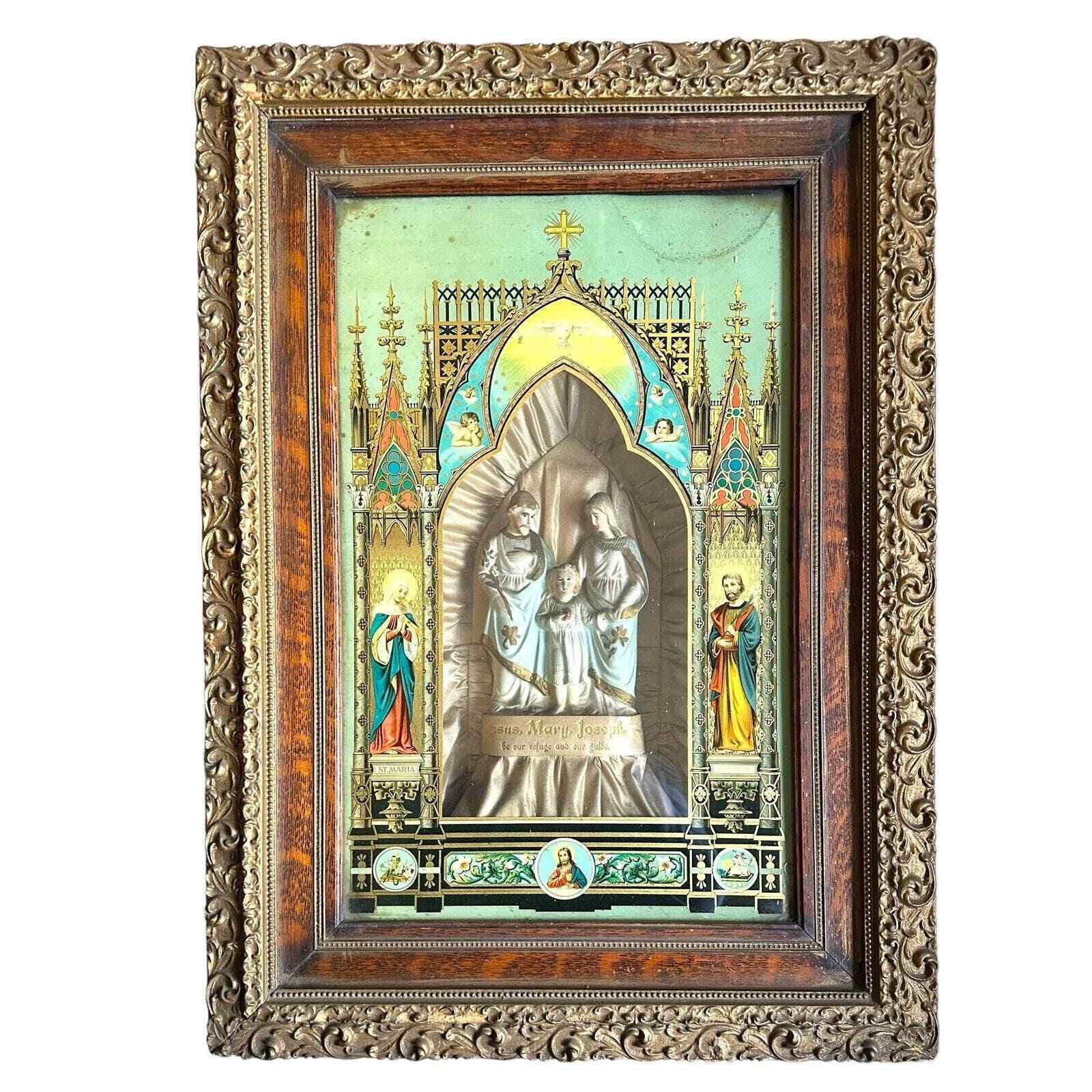 Antique Framed Sculpture of Jesus Mary and Joseph Holy Fam with Decorated Glass