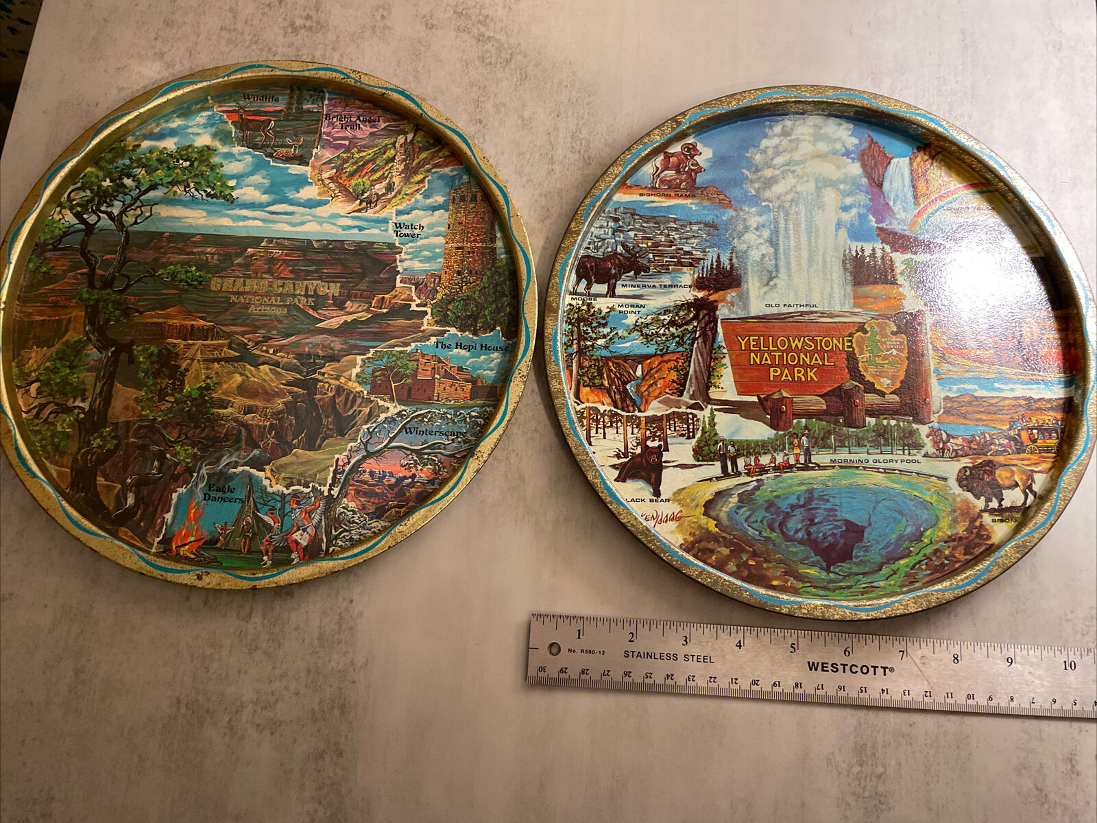 Two (2) Vintage Grand Canyon & Yellowstone National Parks Metal Plate Tray 11