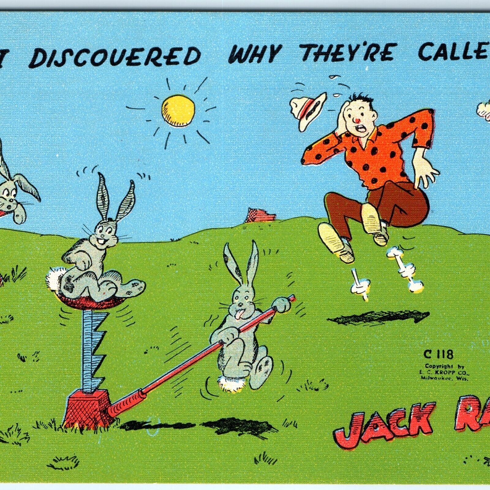 c1940s Anthropomorphic Jack Rabbits Car Jacking Up Kropp Comic Postcard Cute A82
