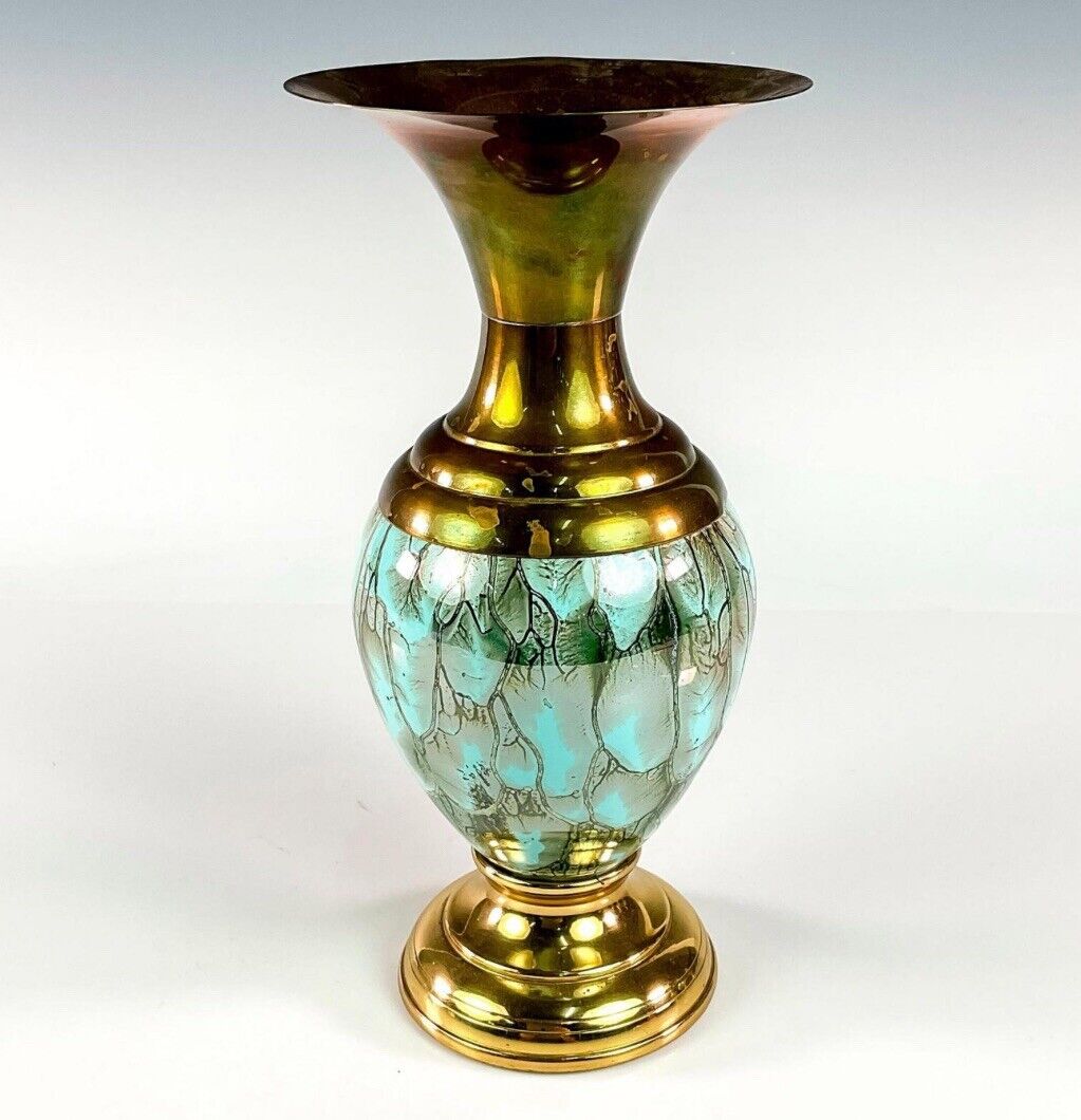 Vintage EB Delft Holland Aqua Green Marbled Glaze Brass Porcelain Vase MCM