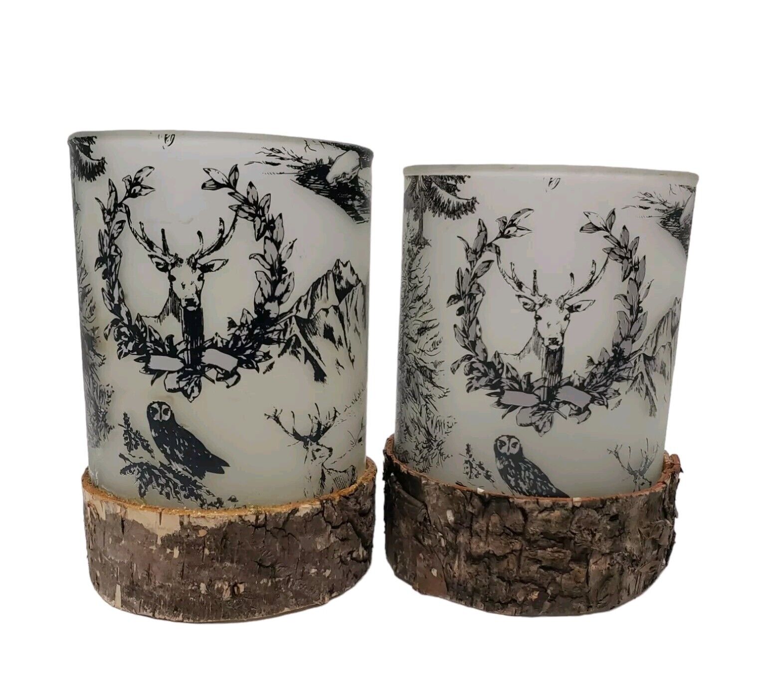 2 Debi Lilly Rustic Frosted Glass Bark Candle Holders Deer cabin decor
