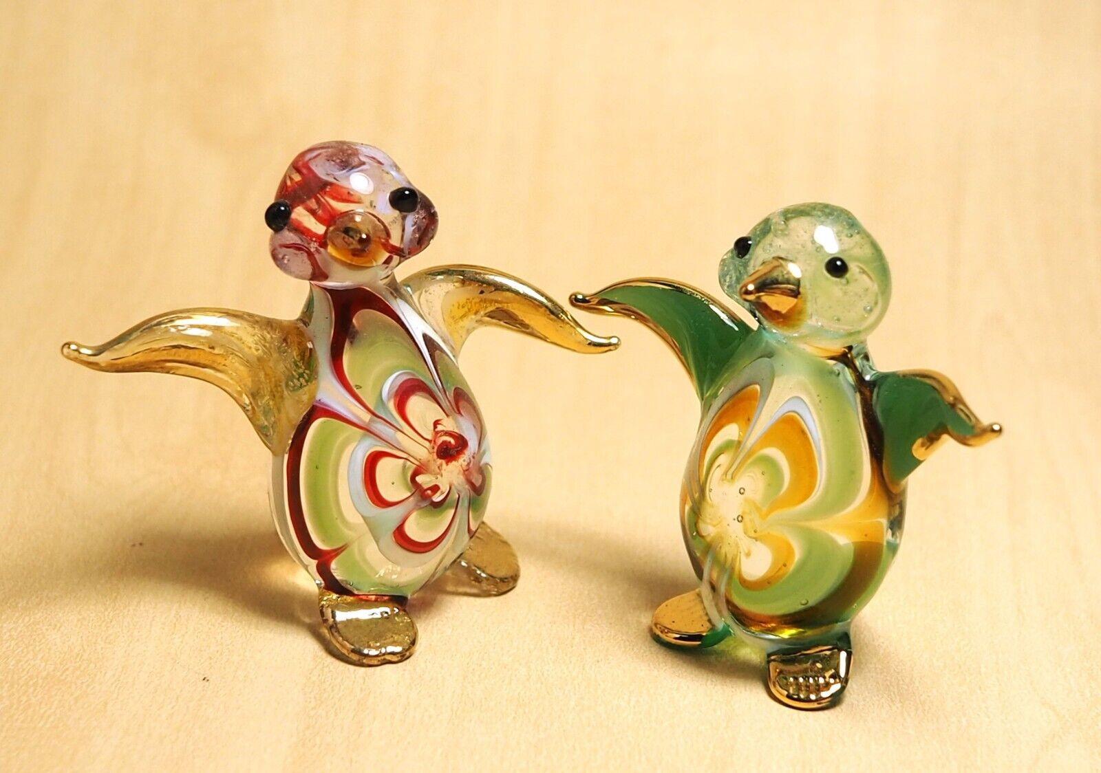 2 pcs. dancing penguin figurine hand blown Glass gold trim  GIFT decor - cute