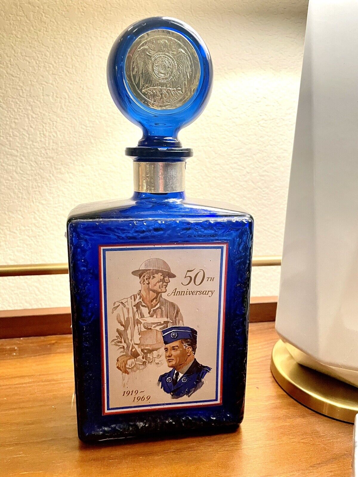 1969 50th Anniversary J. W. Dant Whiskey Decanter ~ Cobalt Blue