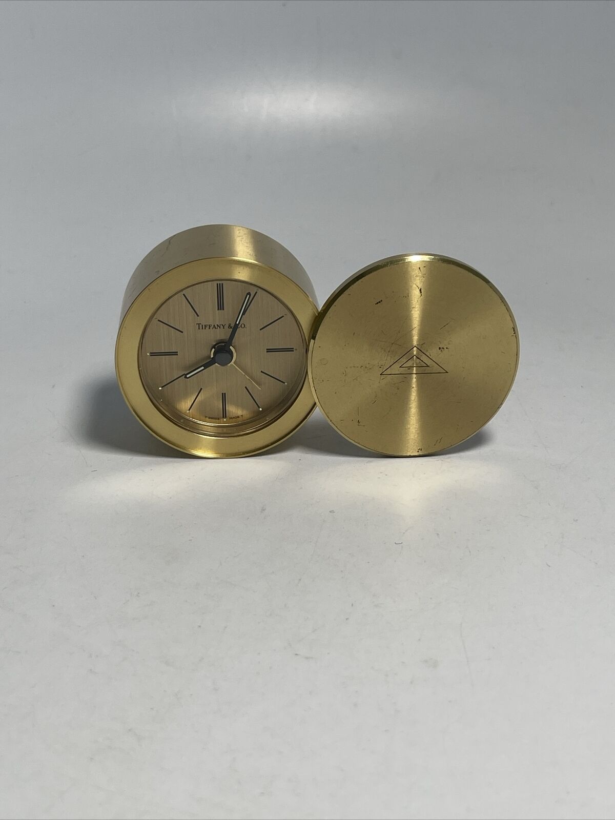 VTG Tiffany & Co Small Round Travel Alarm Clock Quartz Solid Brass Swiss Made