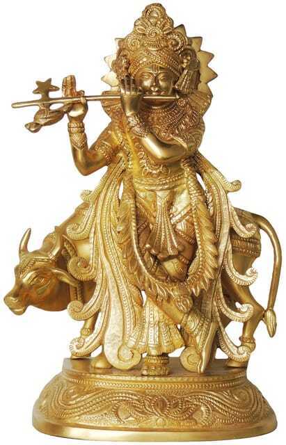Brass Lord Krishna with Cow Statue Krishan Idol Hindu Deity Figurine 13.8 Inch