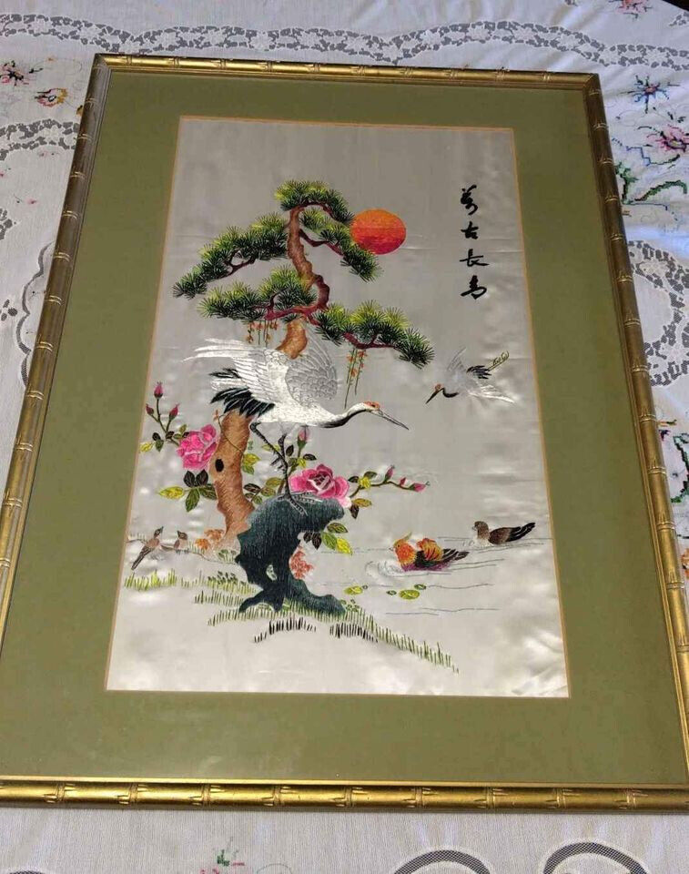 Japanese Silk Embroidery tapestry bamboo frame