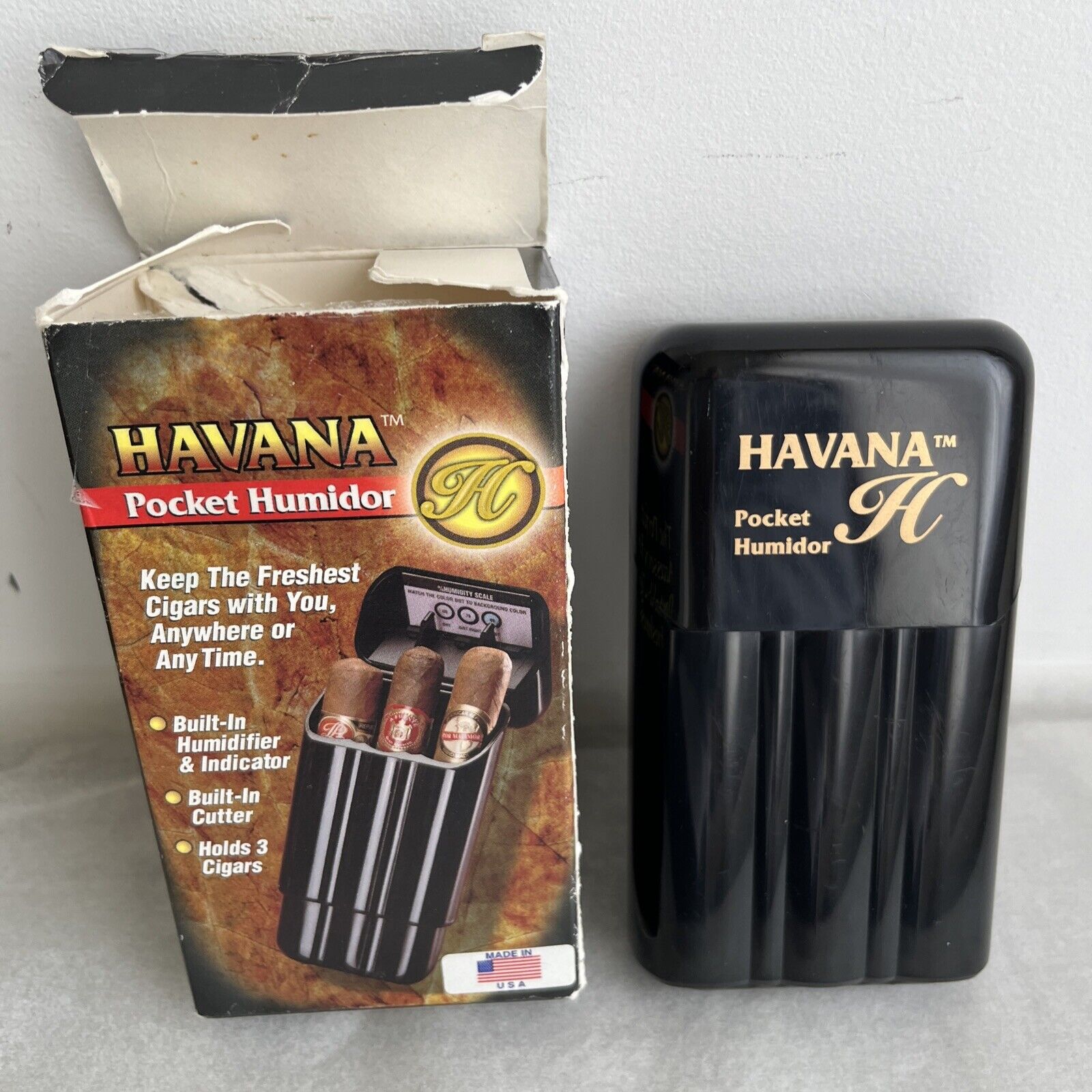 Havana Pocket Humidor 3 Cigar Holder Cutter + Indicator Belt Clip Fresh 3x5