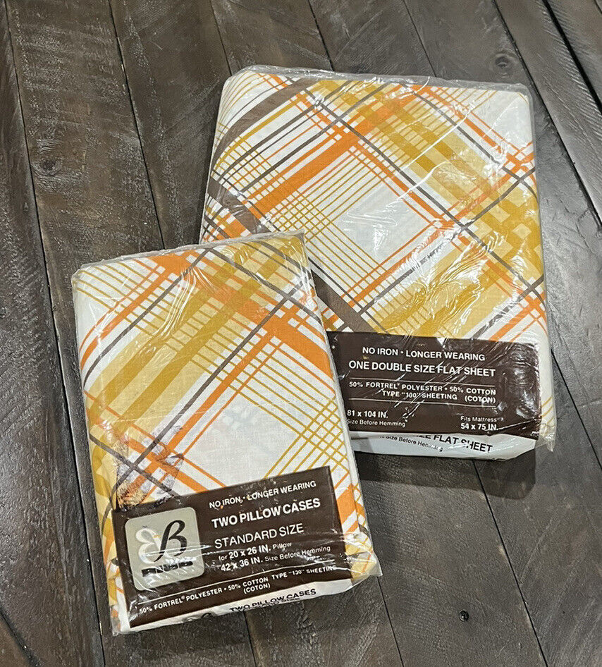 Vintage Bibb Double Flat Sheet 2 Pillow Cases Brown Gold Orange Geo Line MCM NOS