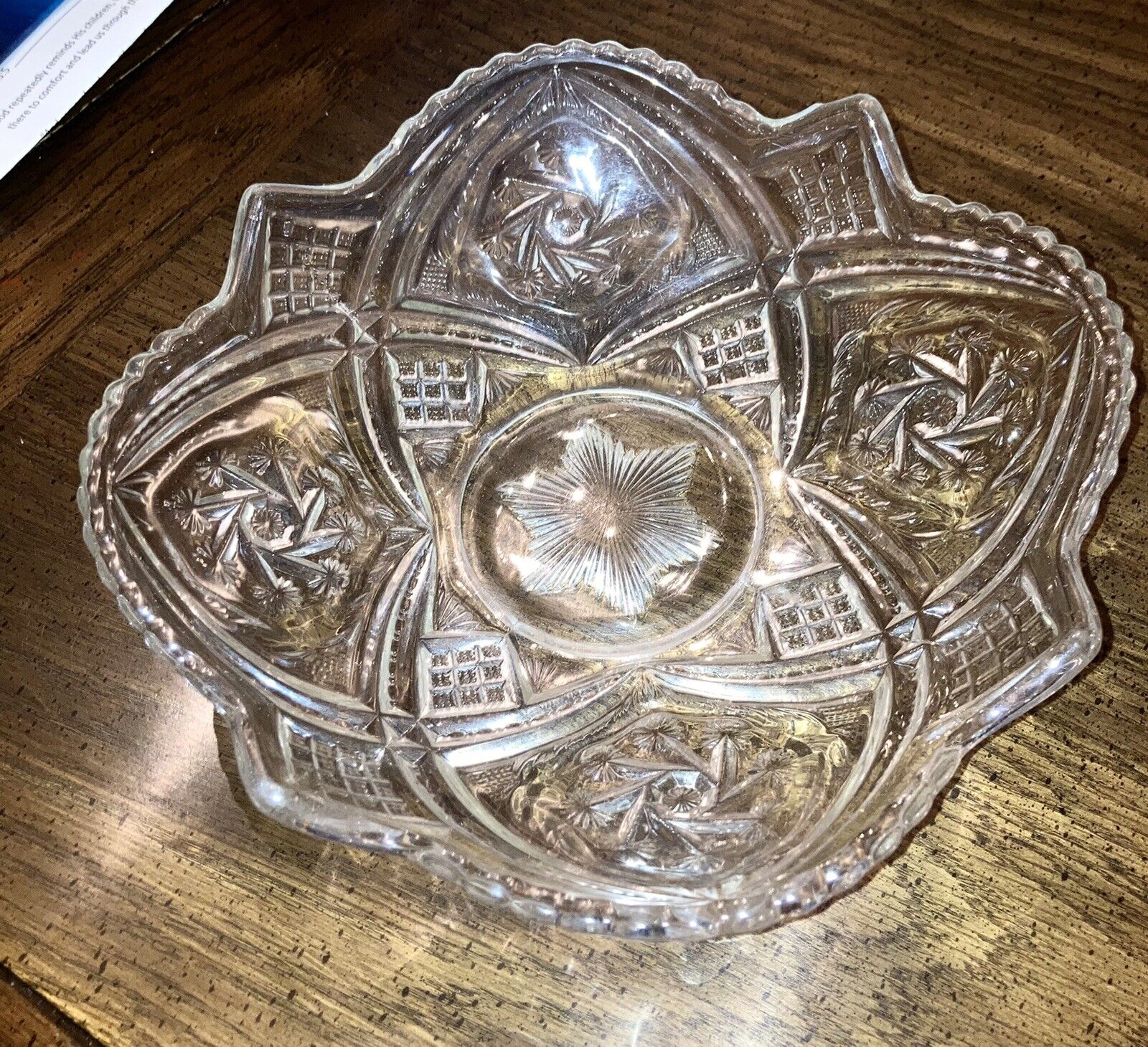 Vintage Cut Glass Fancy Round Fruit Bowl Serving Dish 9 inches wide