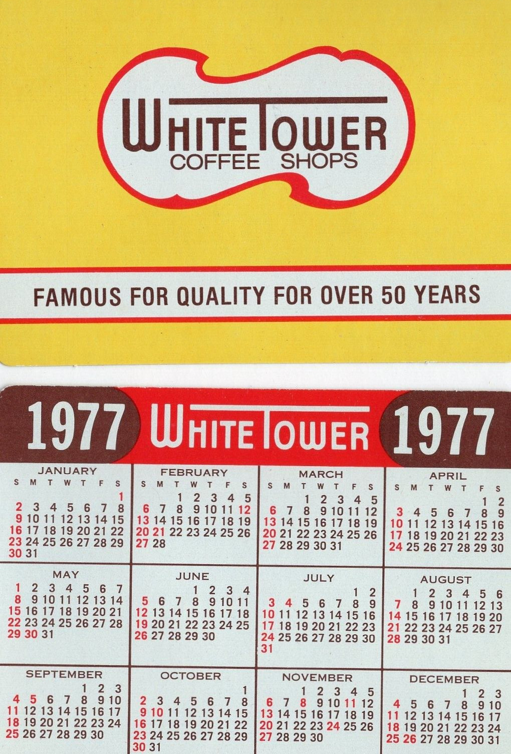 Vintage 1977 White Tower Restaurant Coffee Shop Calendar Card