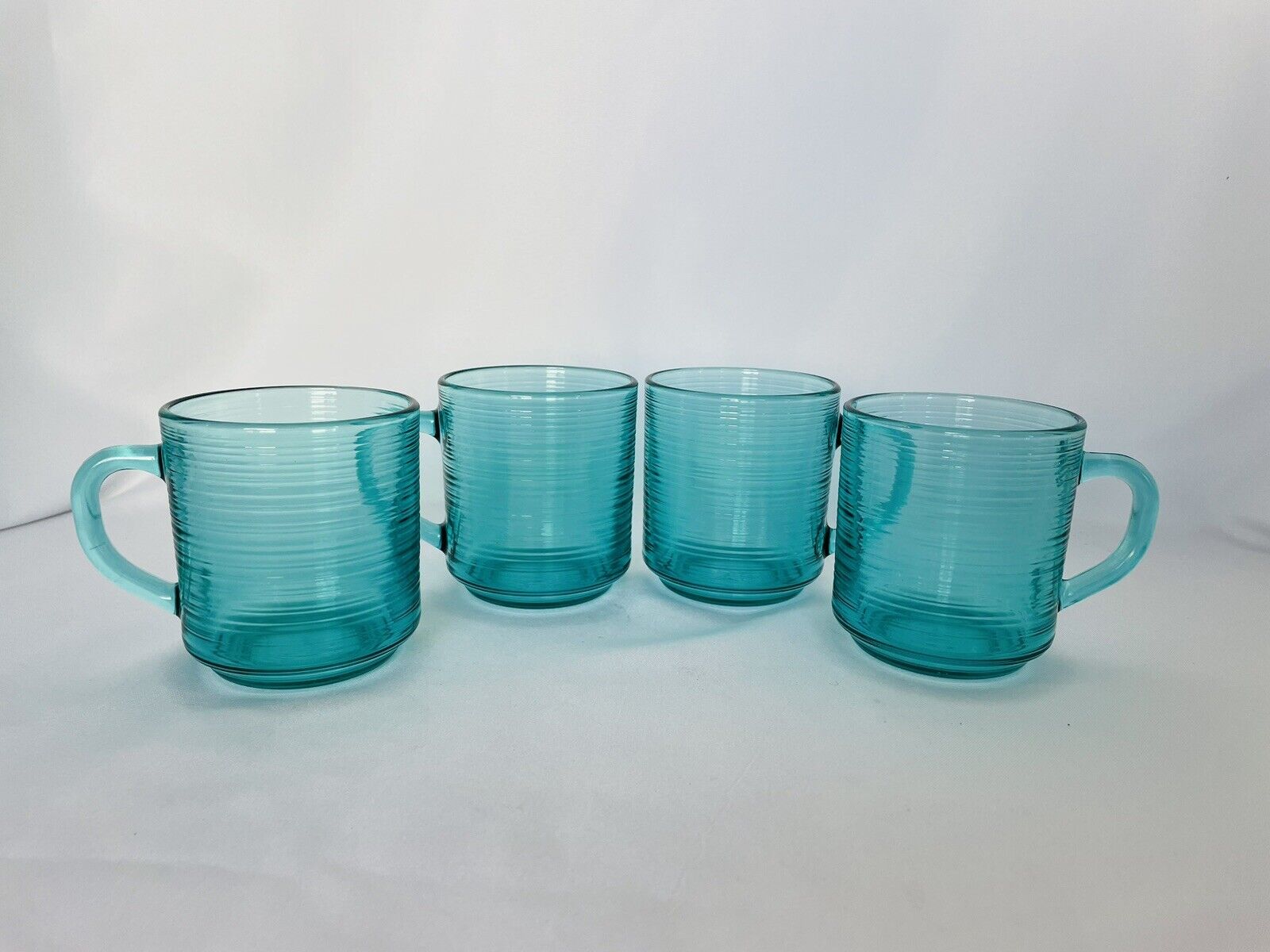 VTG MCM Arcoroc Turquoise Teal Blue Glass France Jardiniere Rings Mugs Cups x4