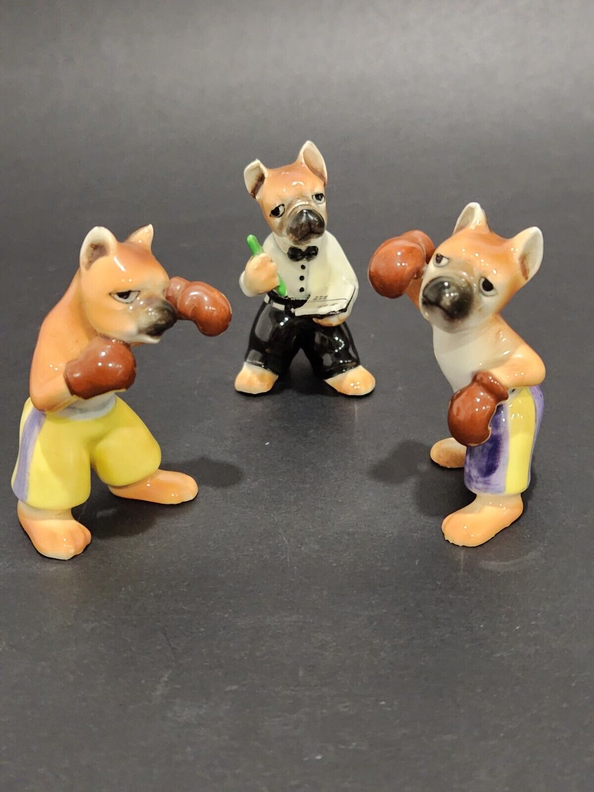 Vtg Miniature Ceramic Figurines - 2 Boxing Boxer Dogs & 1 Waiter - Made in Japan