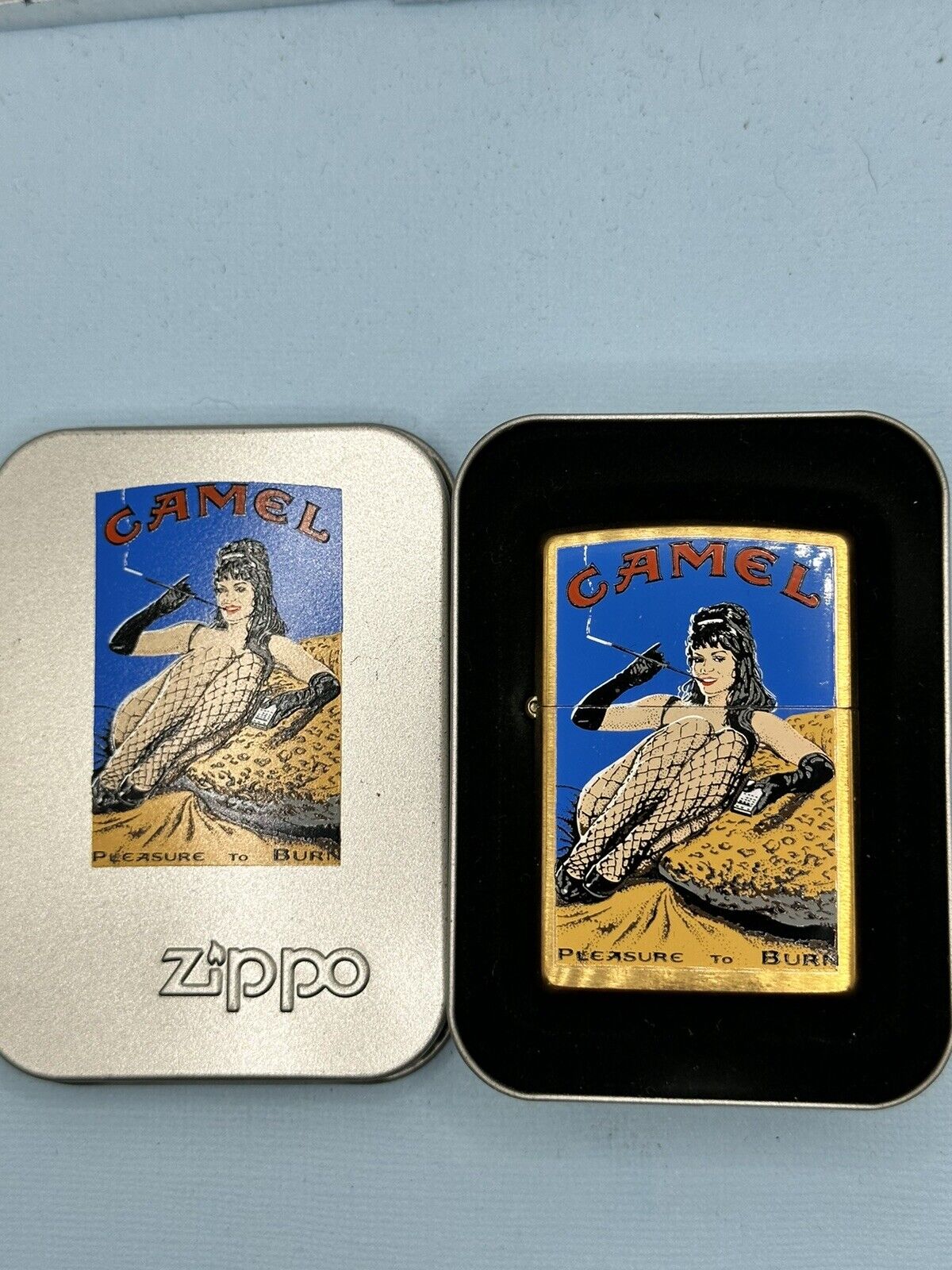 Vintage 2000 Camel Pleasure To Burn Fishnet Pinup Brass Zippo Lighter Rare NEW