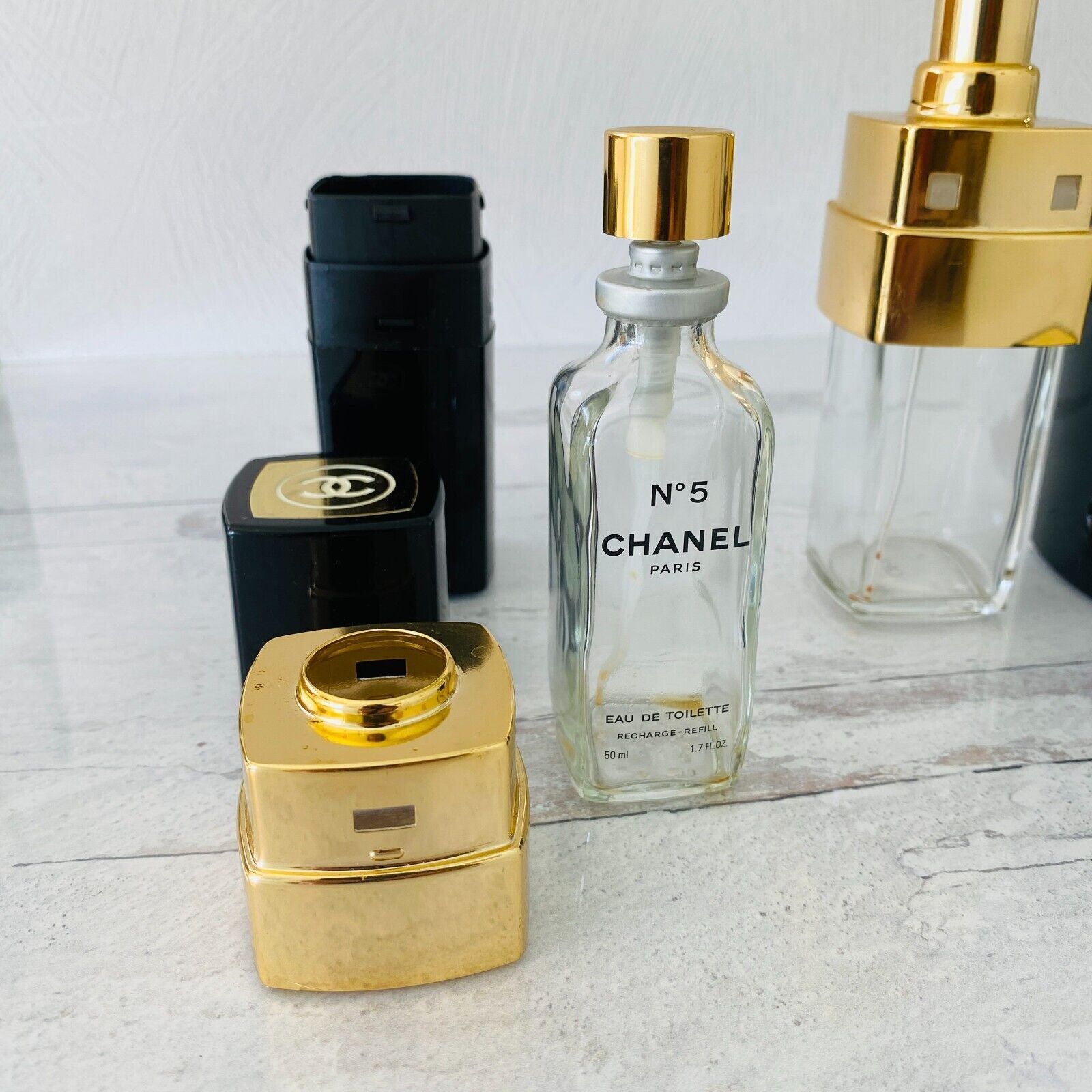 Chanel Number 5 Parfum Bottles Black Gold Refill Replace Decorate 1.7 and 3.4 Oz