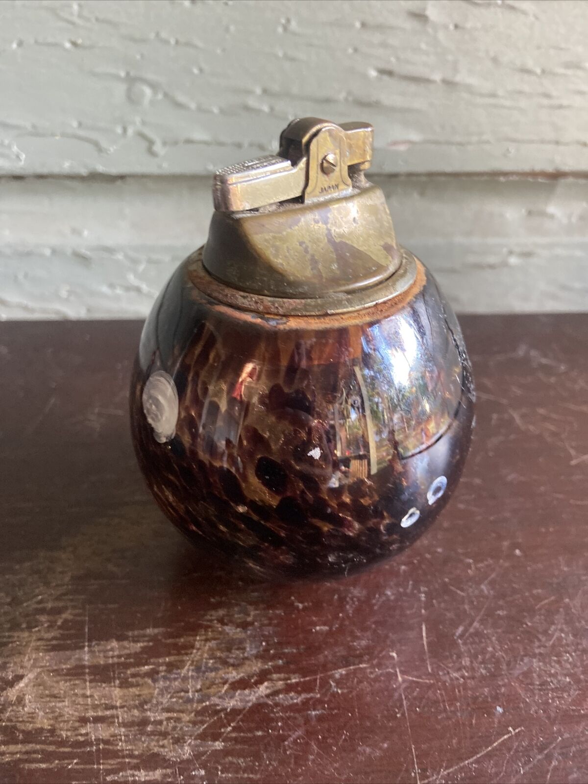 Vintage MCM Amber Murano Style Glass And Metal Orb Table Lighter Approx 3x3”