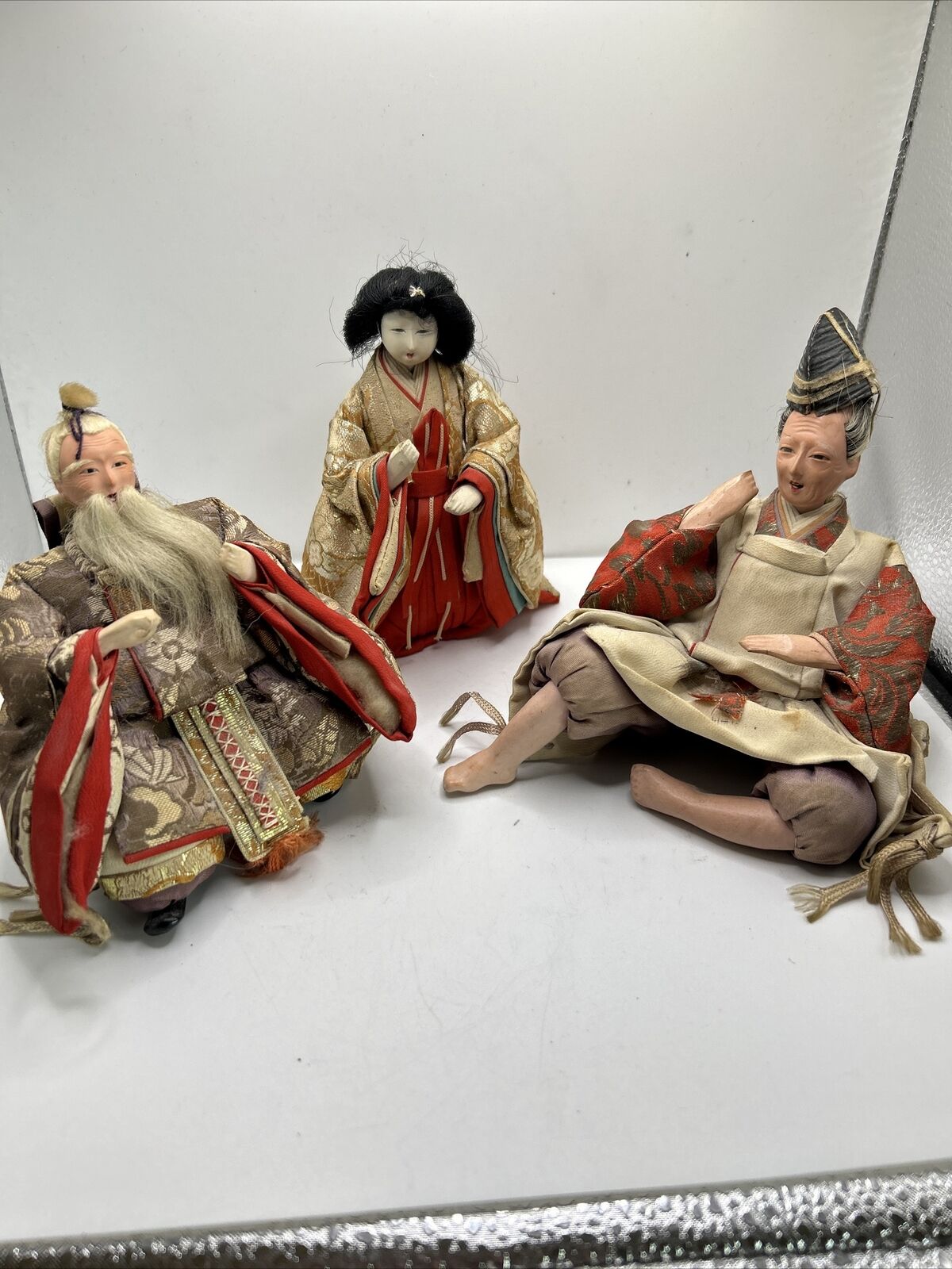Set 3 Antique Japanese Doll Woman Men Real Hair Silk Clothing Handmade Celluloid
