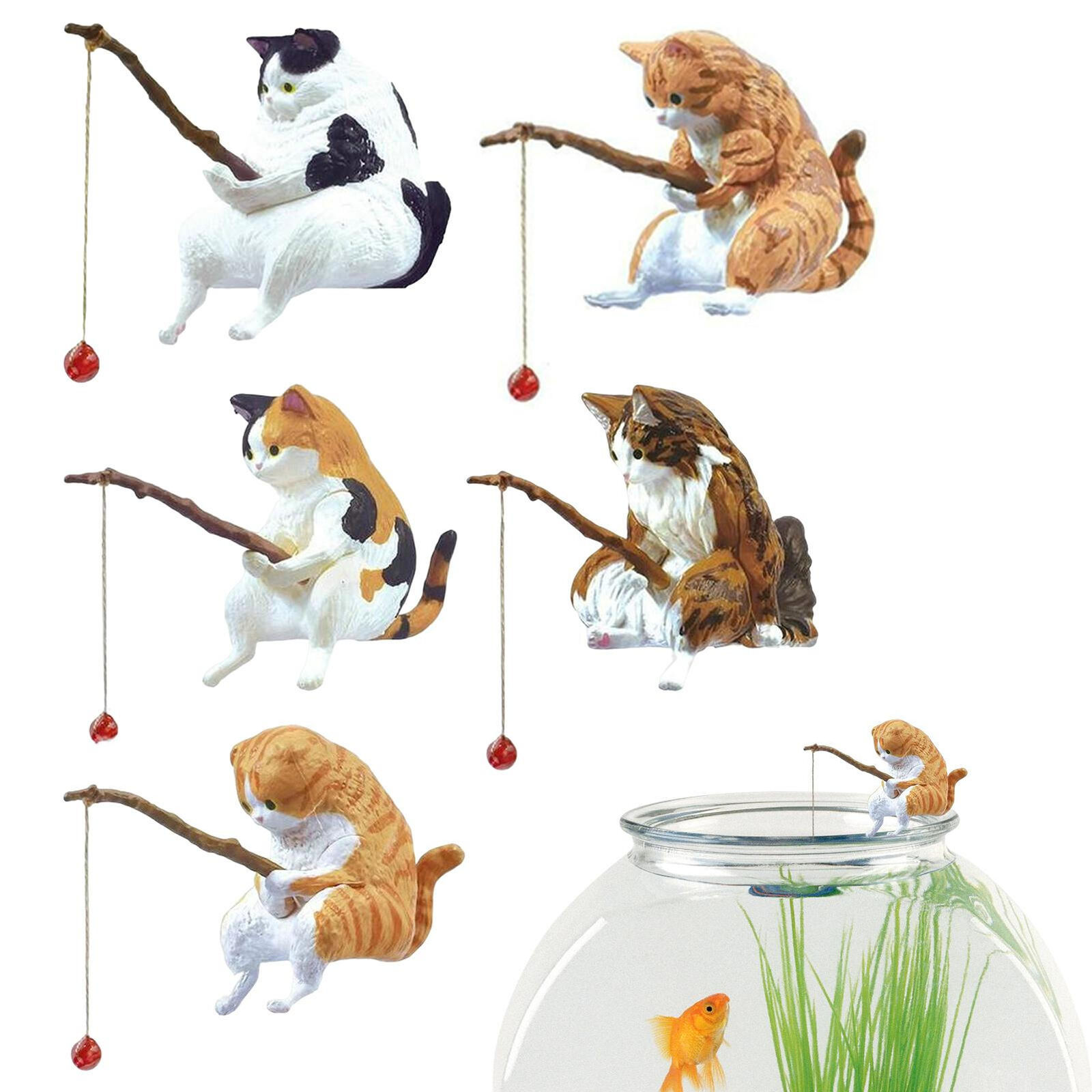 5PCS Cat Fishing Statue Realistic Cat Garden Decor Resin Ornament Home Decor