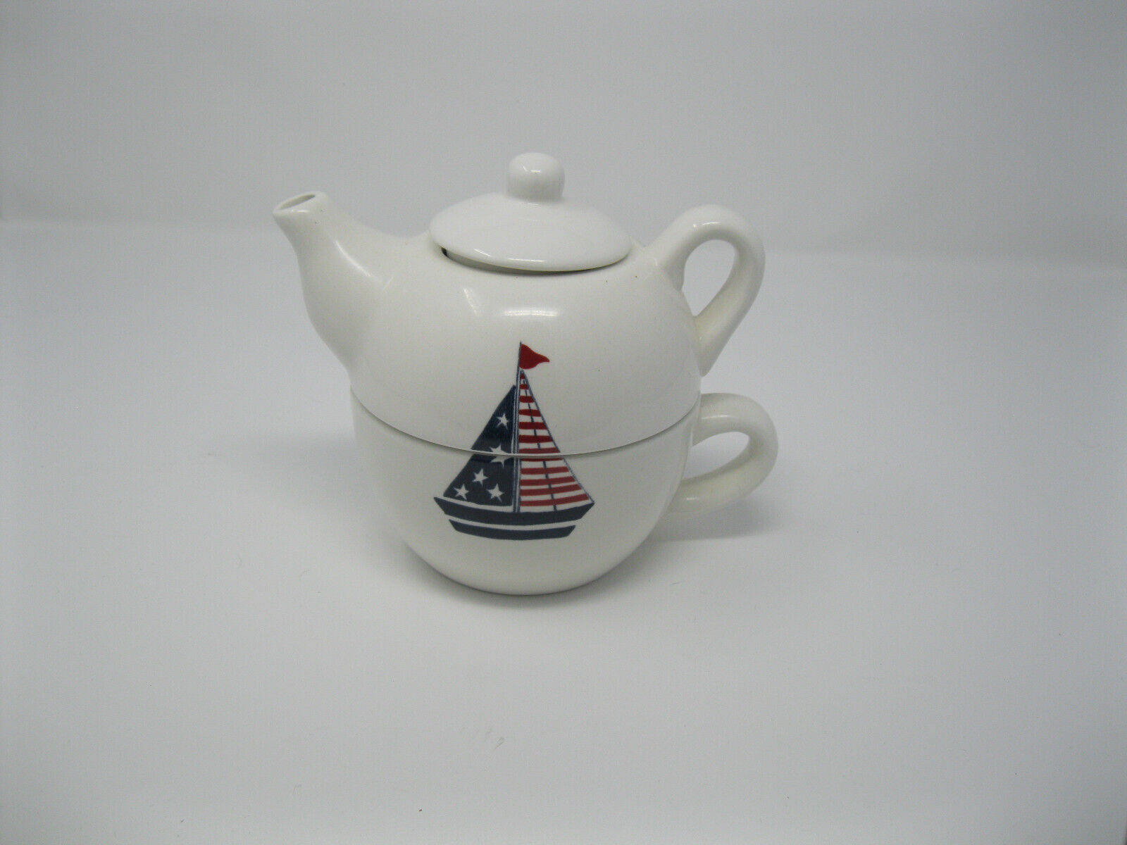 Nantucket Collector\'s Teapot Stoneware Red White & Blue Sailboat