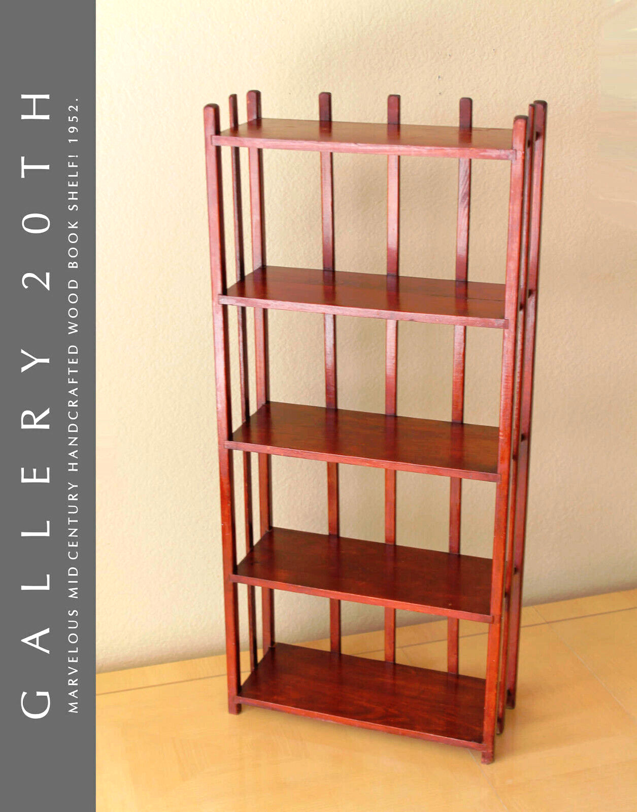 GORGEOUS MID CENTURY MODERN CHERRY STAINED HANDCRAFTED WOOD BOOK SHELF 1950S