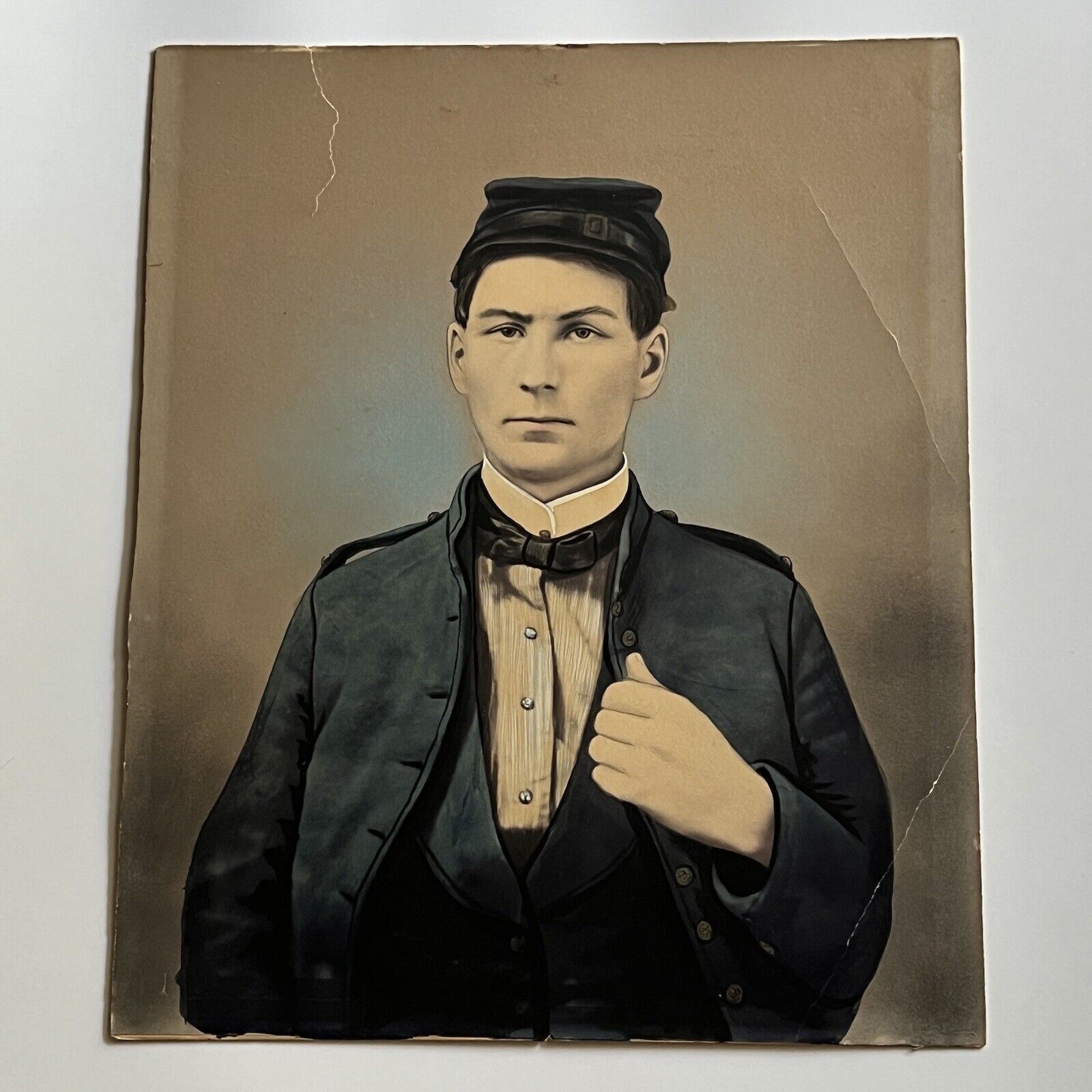 Antique Cabinet Card Photograph Man Union Soldier Folk Art Colored Tinted
