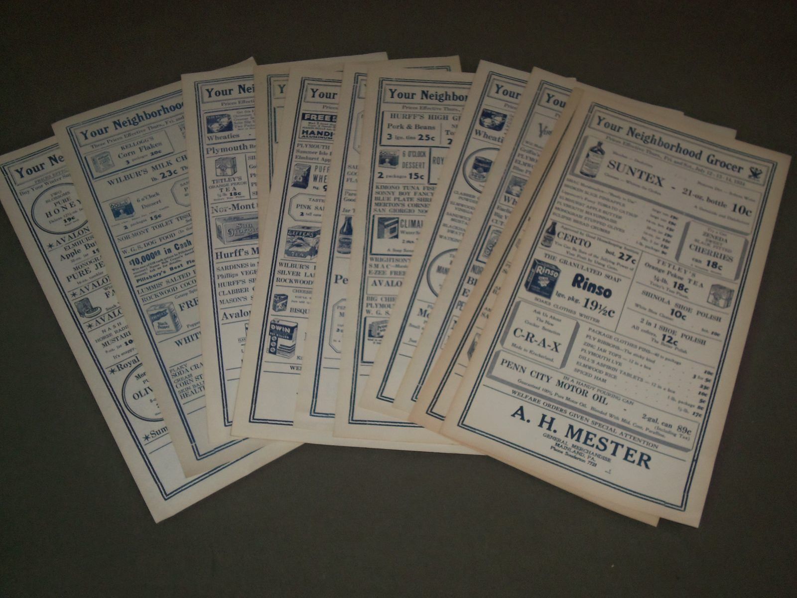1934 A. H. MESTER GROCER WEEKLY WINDOW CARDS LOT OF 10 - MAINLAND PA - O 2262