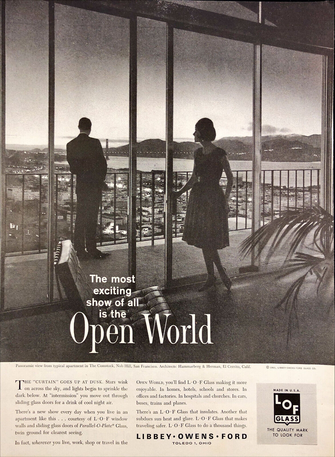 1961 Libbey Owens Ford Glass Print Ad Couple Overlooking San Francisco Bay