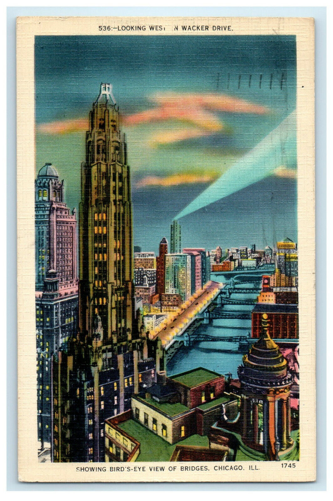 1940 Birds Eye View of Bridges, Wacker Drive, Chicago Illinois IL Postcard