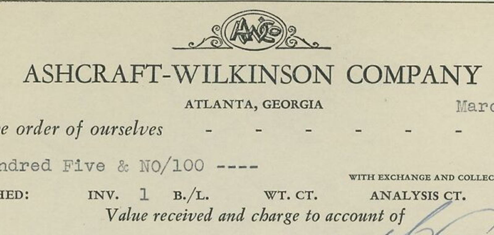 1940 Ashcraft-Wilkinson Company Atlanta Georgia Nitrate of Soda WWII Invoice 397