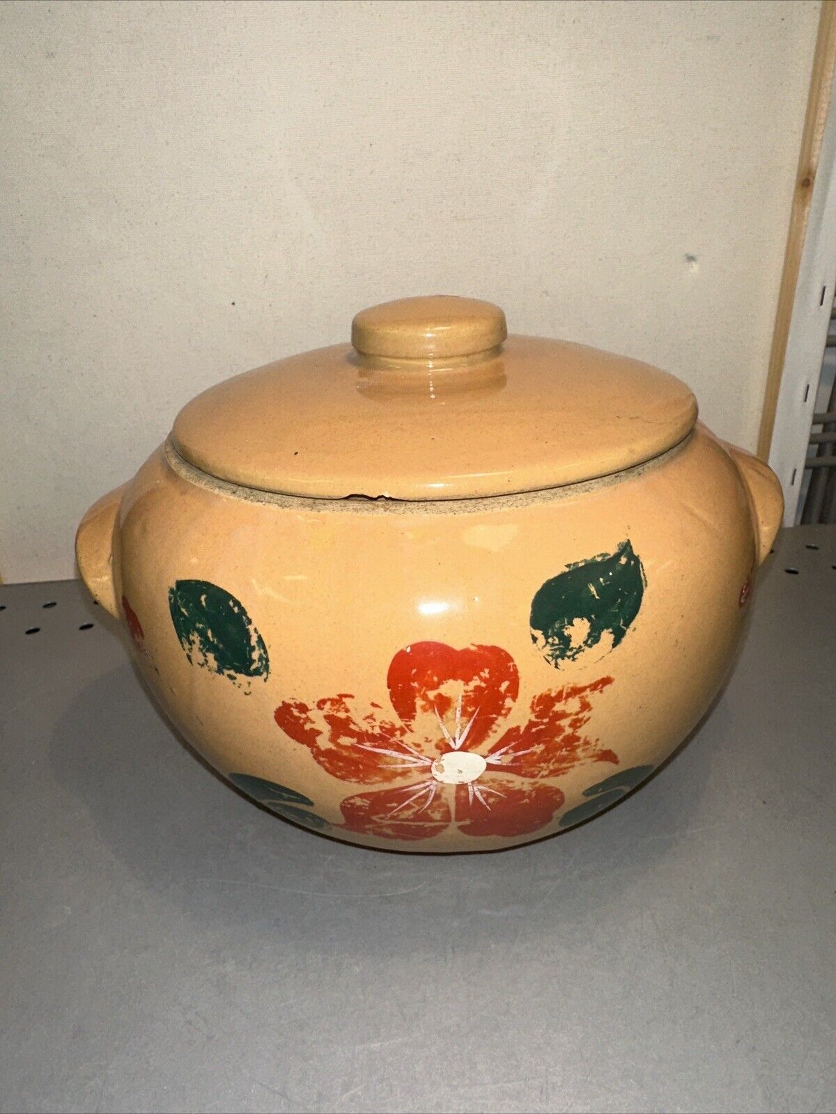 Hand Painted Stoneware Bean Pot Vintage USA Cookie Jar Crock