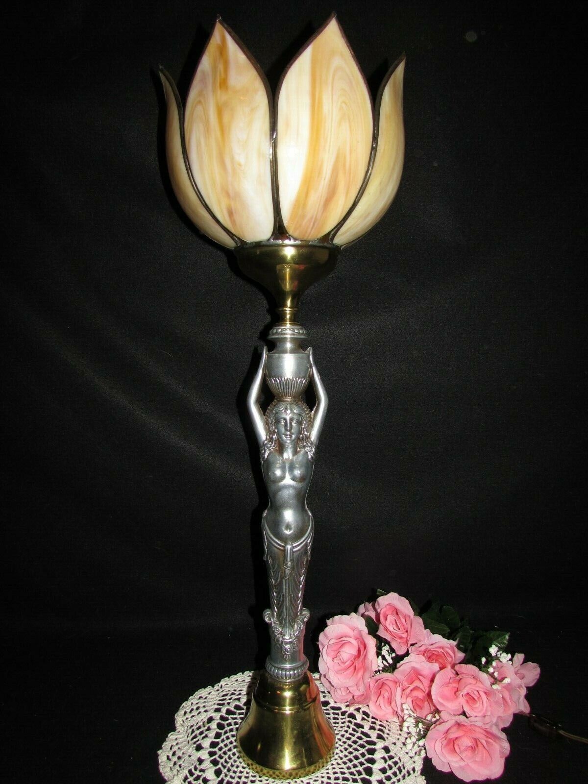 VTG CARAMEL SLAG GLASS TULIP SHADE PARLOR LAMP W ROMAN GODDESS METAL BASE 29.5\