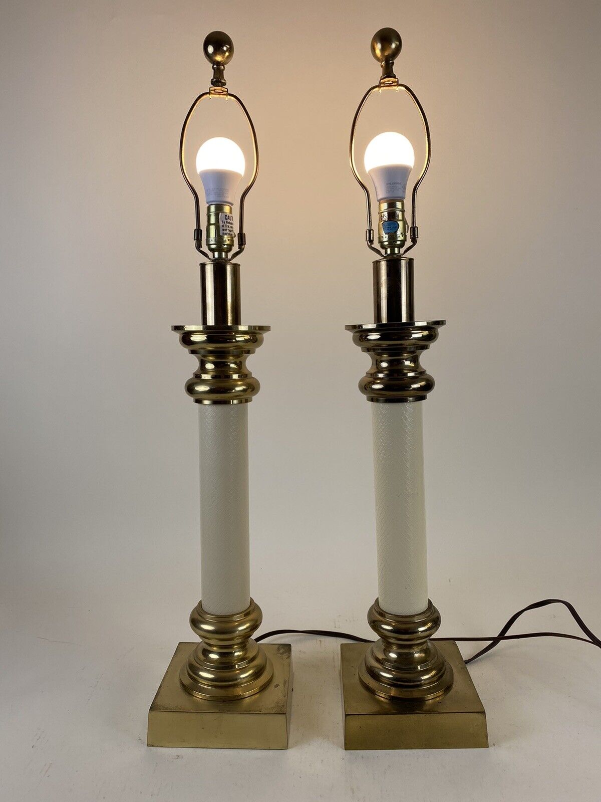 Pair Stiffel Lamps Brass Embossed Cream Leather Neoclassical Greek Revival