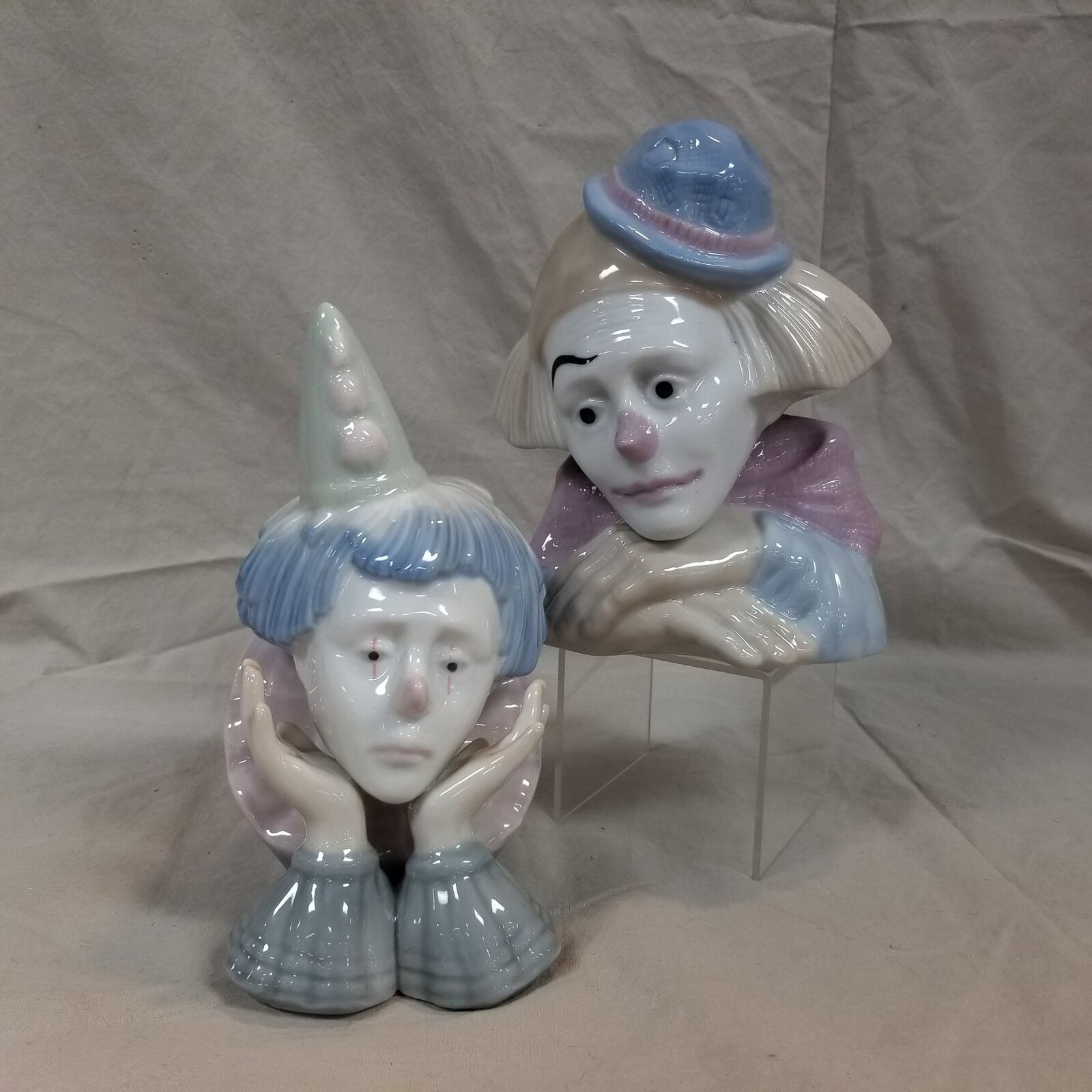 2 Vintage Paul Sebastian Meico Inc Porcelain Sad Clown Busts Figurines