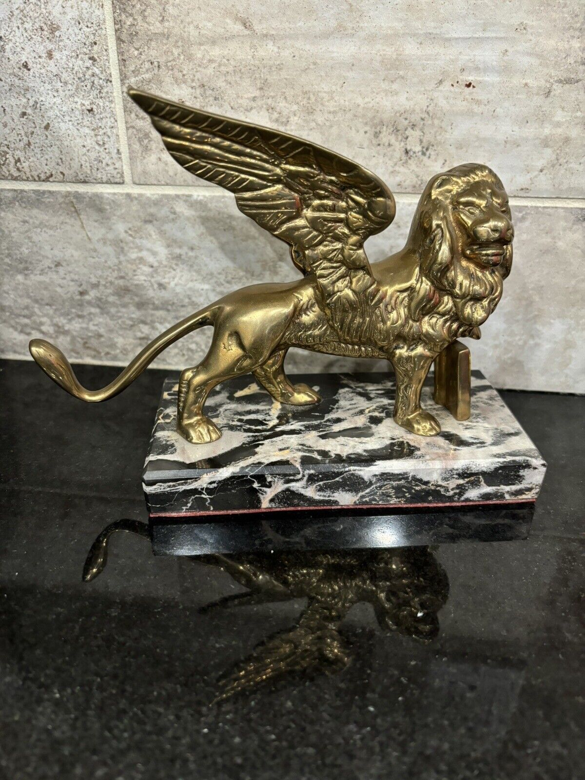 Vintage Brass  Lion Of St. Mark’s Griffin On Marble Base (Heavy)