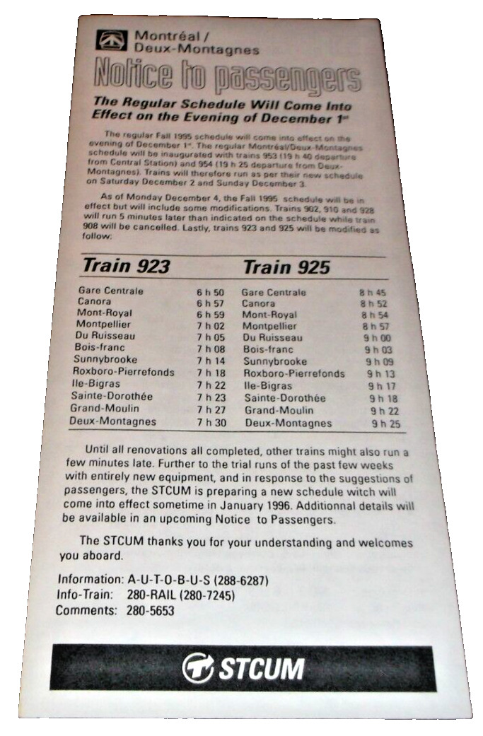 DECEMBER 1995 STCUM MONTREAL/DEUX-MONTAGNES PUBLIC TIMETABLE 