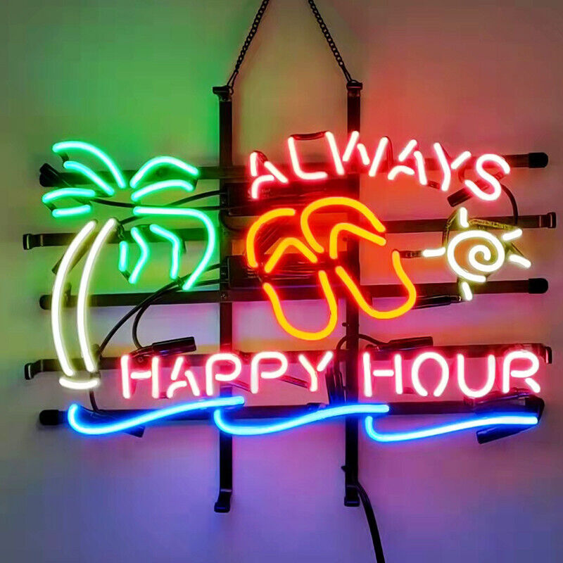 Always Happy Hour Neon Sign Real Glass Home Beer Bar Wall Decor Artwork 24