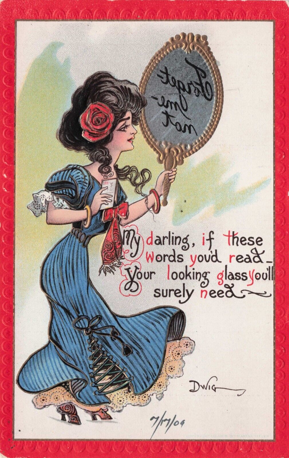 Vintage Comic Postcard Artist Signed DWIG Lady Looks in Mirror Forget Me Not 546
