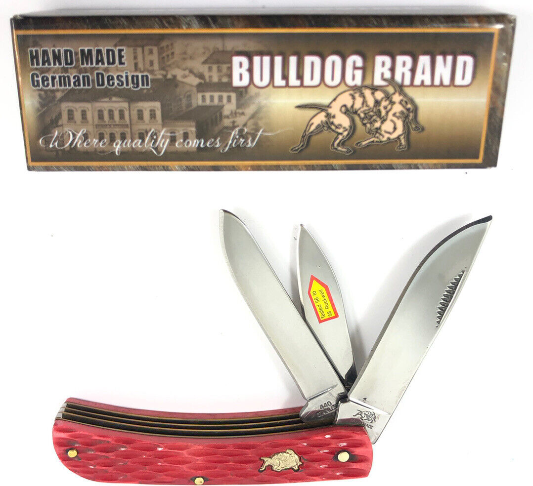 Bulldog Brand Three Blade Red Jigged Bone Handle Sodbuster Pocket Knife 1094-LM