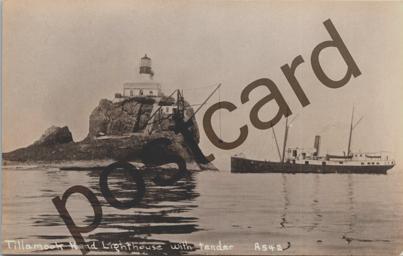 TILLAMOOK HEAD LIGHTHOUSE WITH TENDER, Oregon, crane boat, RPPC postcard jj285