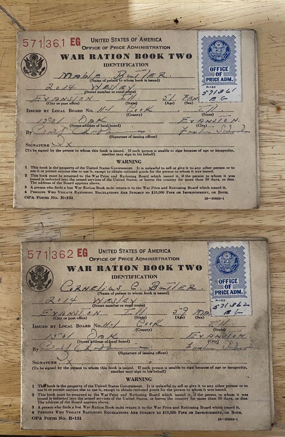 (2) 1942 War Ration Book Two Office Of Price ADM. Stamp No Stamps