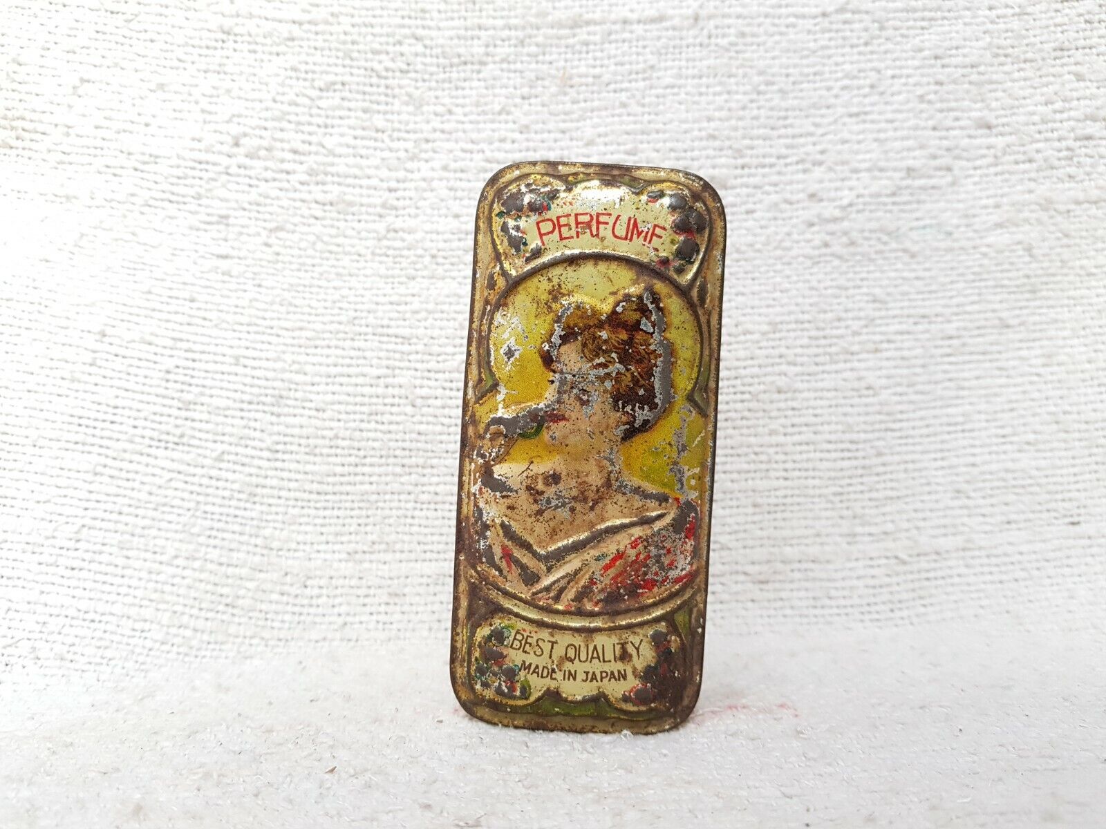1920 Vintage Rare Glass Fitted Lady Holding FLower Litho Print Perfume Tin Japan