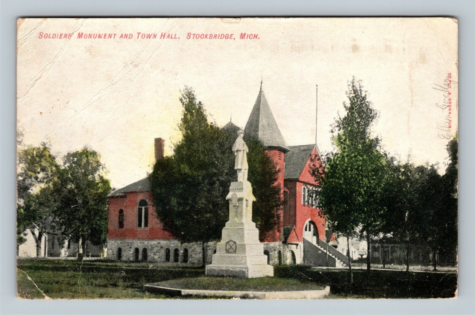 Stockbridge MI Soldiers Monument And Town Hall Michigan c1908 Vintage Postcard
