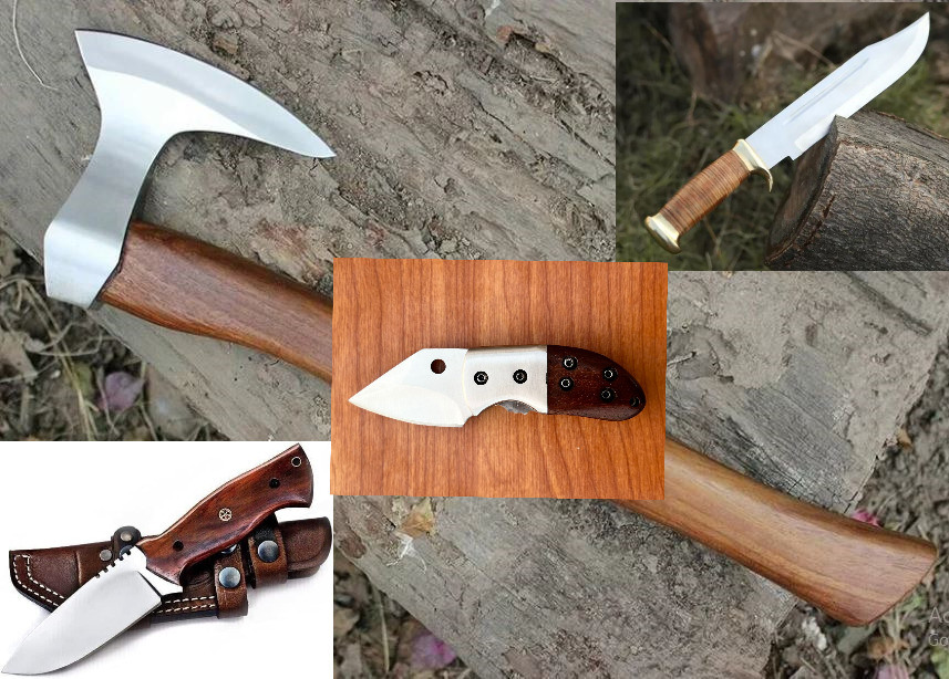 4pcs Set Handmade Axe Bowie Hunting & Folding Knife For Camping Outdoor & Hiking