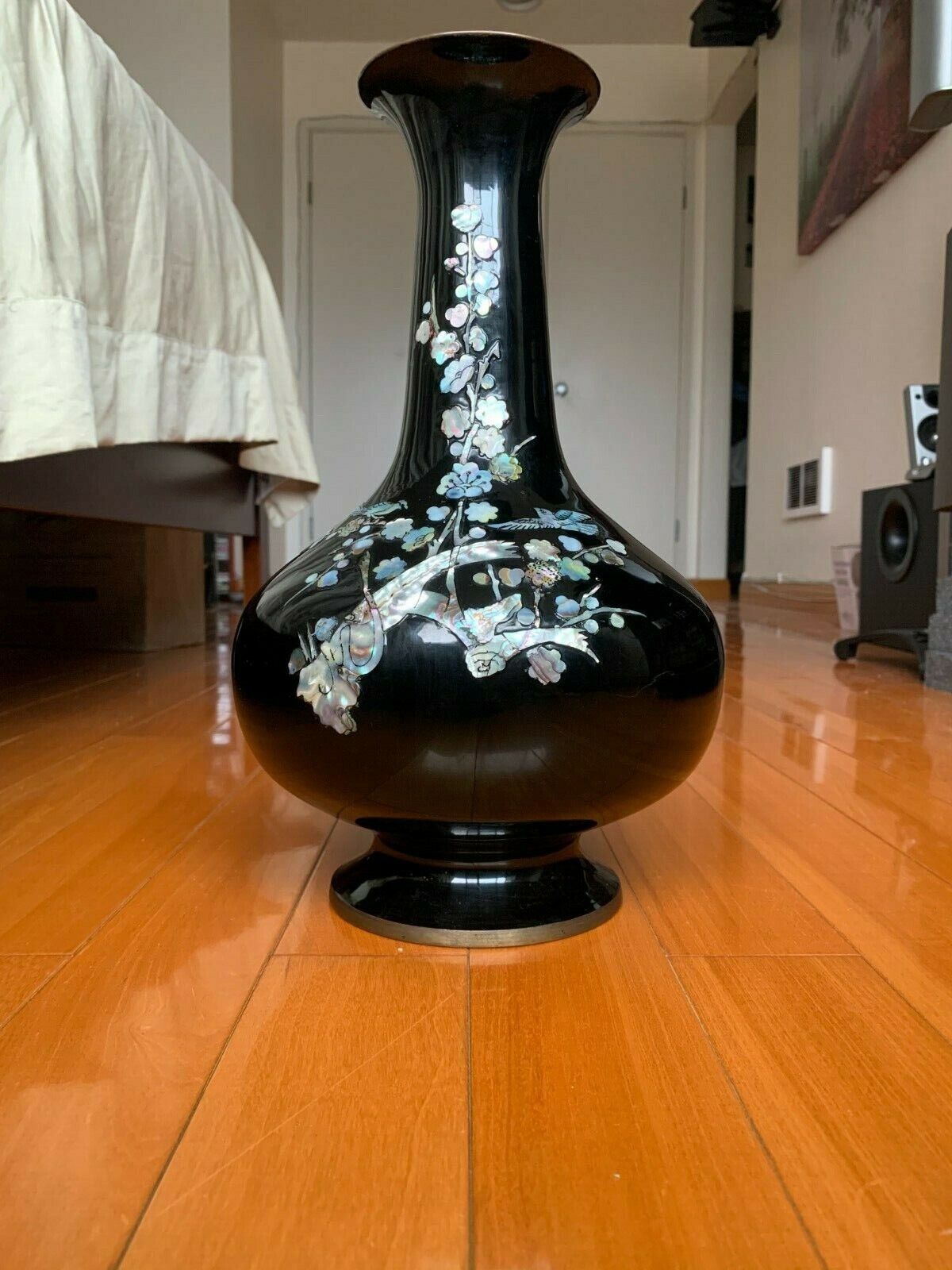 Vintage Black Lacquer Brass Vase~ Mother of Pearl Flowers