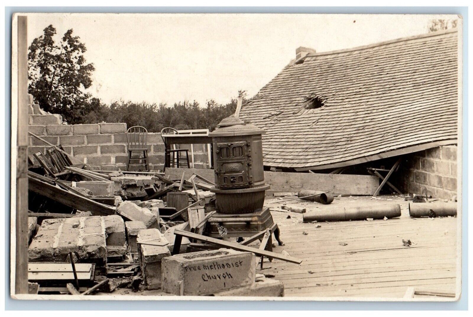 c1910\'s Free Methodist Church Tornado Castiron Stove RPPC Photo Antique Postcard