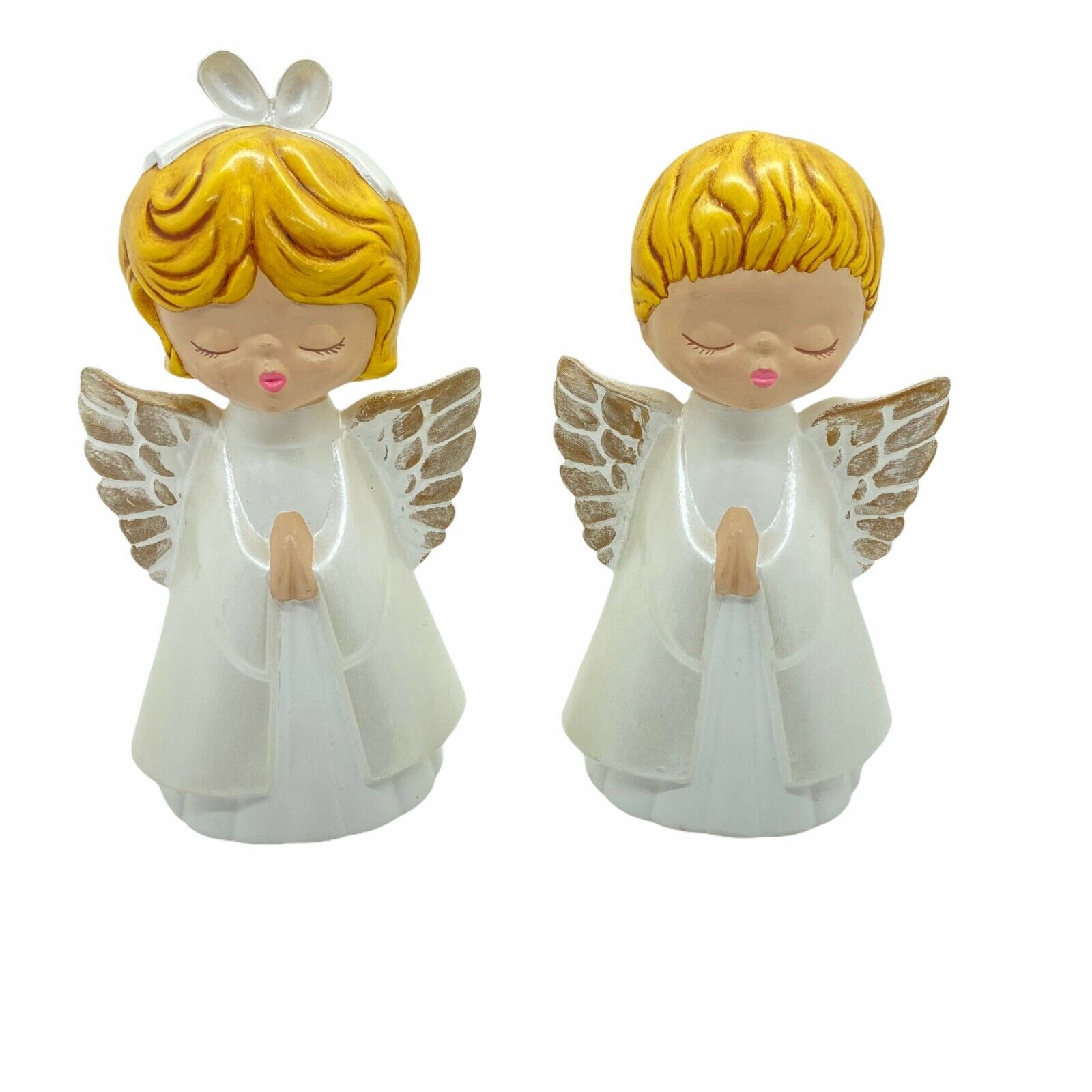 Choir Singer Angel Figurines Vintage Kitsch Retro 1972 Gold White Painted By Jo