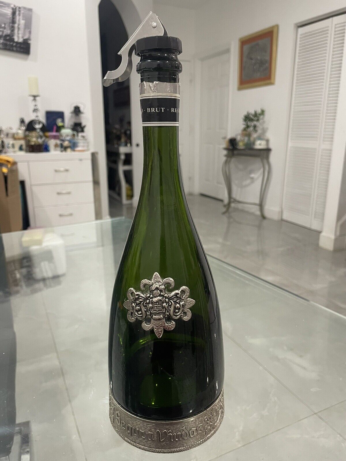 VTG Green Glass Segura Viudas Champagne Bottle With Pewter Accent And Base