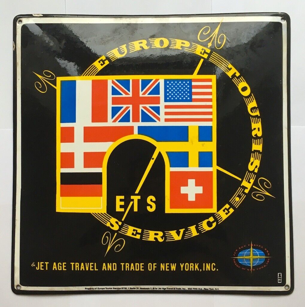 Original Enamel Sign EUROPE TOUR SERVICES - JET AGE TRAVEL AND TRADE OF NEW YORK