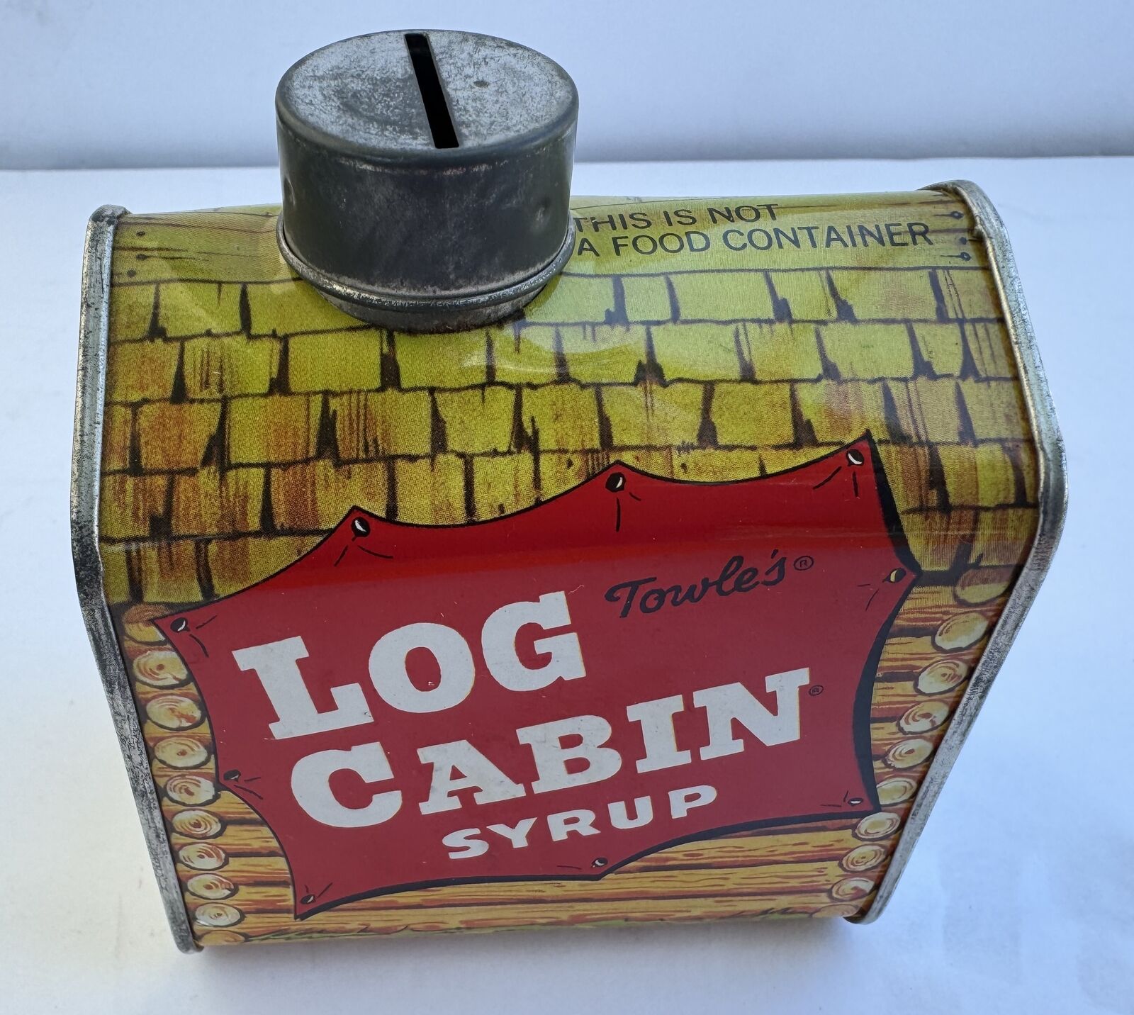 Vintage Towle\'s Log Cabin Syrup Tin Still Coin Piggy Bank