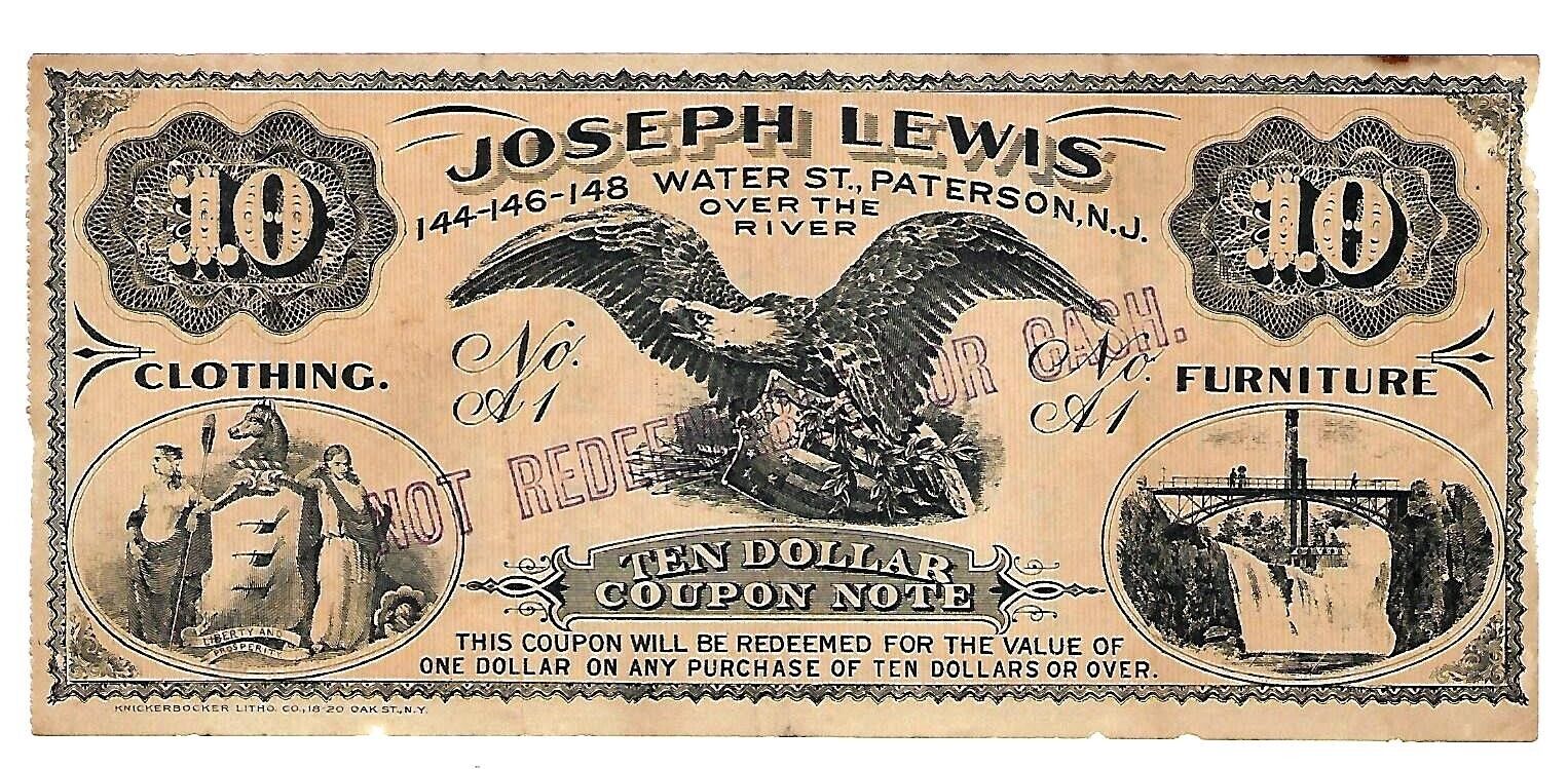 c1890 Victorian Trade Card Joseph Lewis $10 Coupon Note, Furniture & Clothing